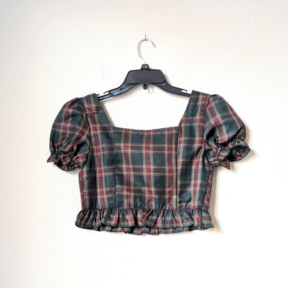 green plaid puff sleeve crop top - Picture 2 of 5